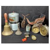 Box of misc vintage clocks, bells, etc ..