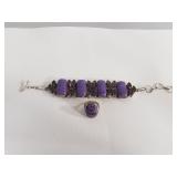 Charoite stone bracelet and ring