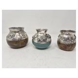 Three Zamfelo clay and .999 silver mexico vases