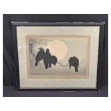 Framed vintage Japanese woodblock print "Crows i