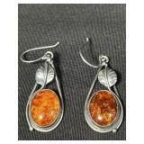 Pair of sterling silver & amber earrings
