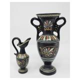 Hand-painted Greek pottery vase and pitcher