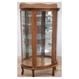 Vintage oak curio cabinet with curved glass & key