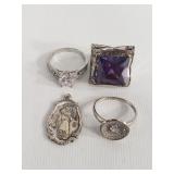 3 sterling silver rings with crystals, purple