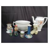 Group of porcelain figurines, bowl, teapot, etc
