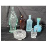 Group of vintage glass bottles, bowl, creamer,