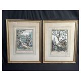 2 framed hand colored French etchings