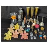 Box of misc. stoppers, cocktail shaker, wine