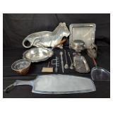 Box of silver plate and iron trays, snuffer,