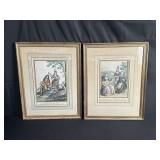 2 framed hand-colored French etchings