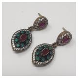 Silver and brass earrings, top gem is pink