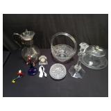 Group of glass candle stick, basket, pitcher, etc