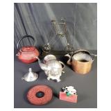 Box of miscellaneous cast iron, copper, silver