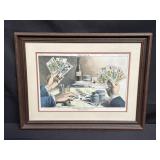 Framed political cartoon print on paper