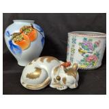 Pair of porcelain vases and cat figurine