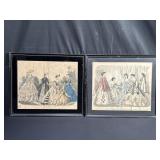 2 framed hand-colored antique French etchings