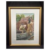 Framed signed Asian airbrush art on silk