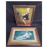 Two framed pinup girls and 19th century nude