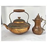 Vintage copper, brass, and wood tea kettle and