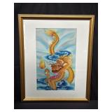 Framed signed Asian airbrush art on silk