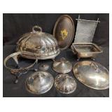 Group of silver plate cover lid, tray, stands,