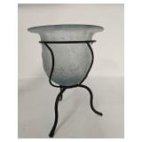 Vintage 3-legged iron and aqua hand-blown glass