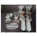 Group of glass and crystal pitchers, vase, etc.