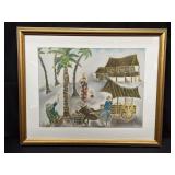 Framed signed airbrush art on silk