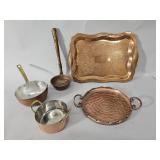 Group of vintage copper cookware: engraved tray,