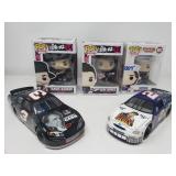 Group of Funko pop and NASCAR toy cars