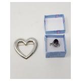Sterling silver ring and heart brooch