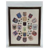 Framed collection of European parches and coins