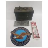 Vintage ammunition box and 3 metal signs