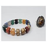 Multi-gemstone with silver bead stretch bracelet