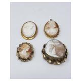 Four vintage cameos 2 marked gold filled