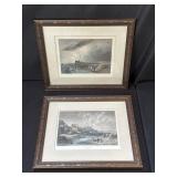 2 framed hand-colored etchings