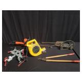 Group of power tools, military folding shovel, etc