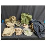 Group of military hats, bags, backpacks, & jackets
