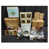 Box of misc. Dolls, trinket box, Christmas