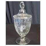 Vintage glass covered candy jar with engraved