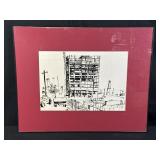Acrylic framed ink on paper of architecture and