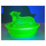 Uranium glass figural covered bowl.