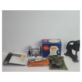 Vintage Penn fishing reel. Military compass,