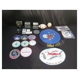 Box of aviation stickers, Nascar paperweights, etc