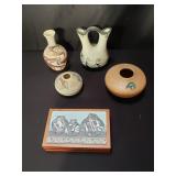 Native American pottery and box