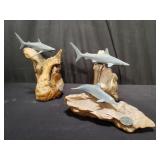 3 vintage John Perry sharks and dolphin sculptures