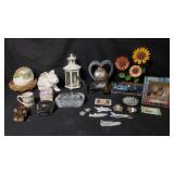 Box of miscellaneous egg decor, ceramic planter,