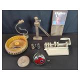 Vintage car jack, wood bowl , vintage opera