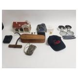 Box of miscellaneous, hats, ceramic house, hook,