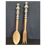 Sterling silver handle wood fork and spoon salad